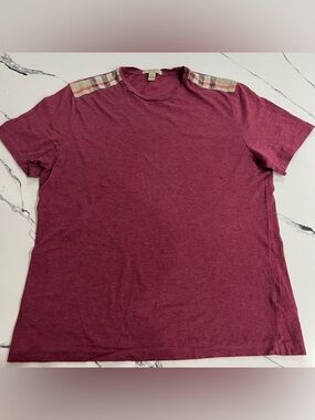 Burberry Burgundy Men's Maroon Long Sleeve Crew with Signature Check Shoulders